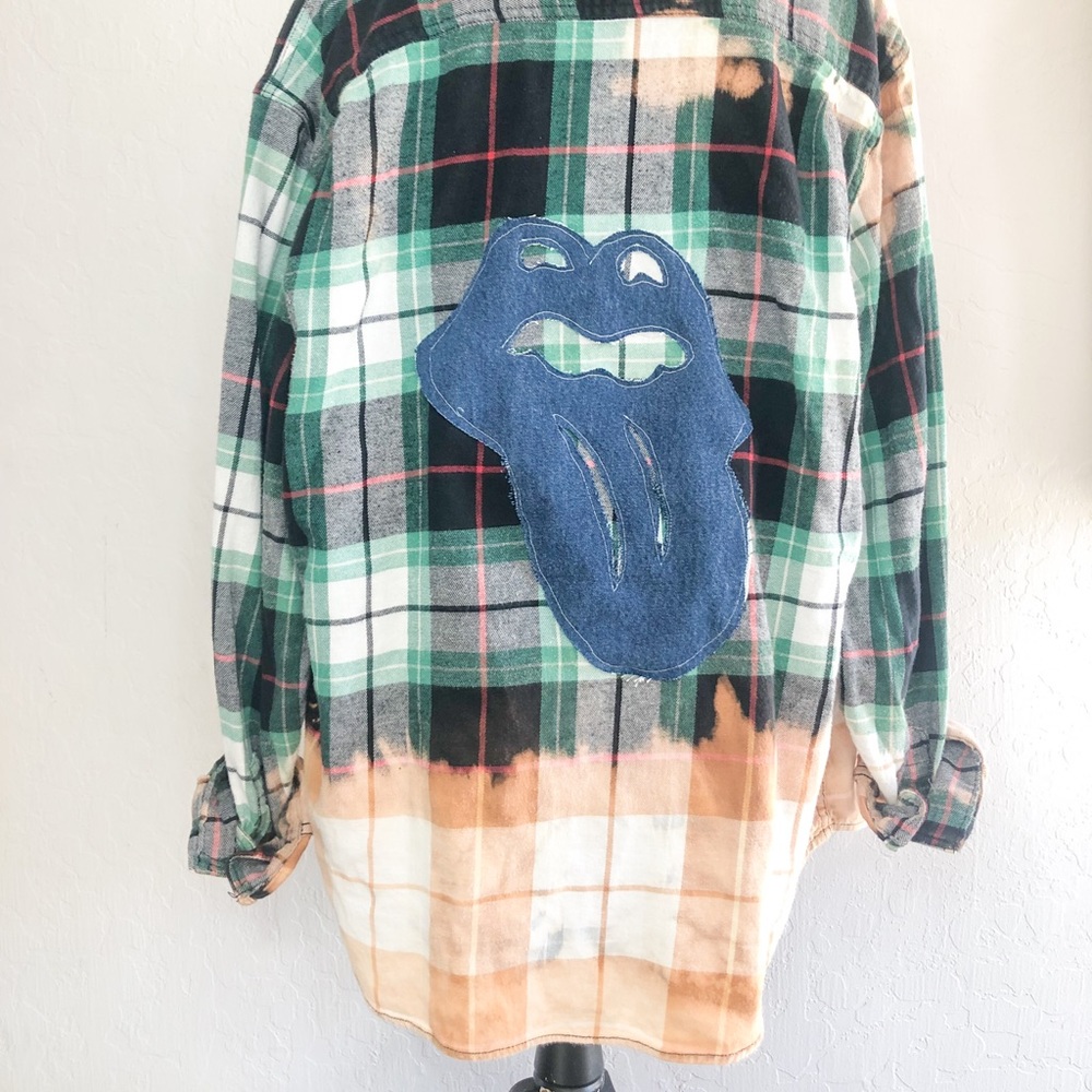 Green plaid bleached Rolling Stones flannel